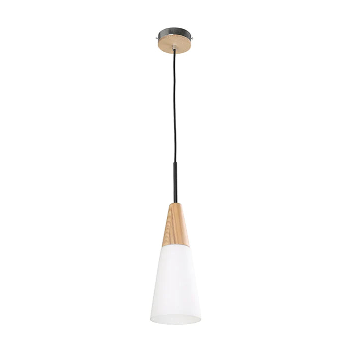 Pendant ES Opal glass Long Cone w/wood highlights OD130mm