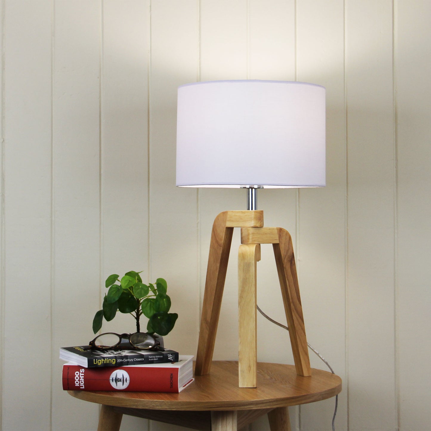 Lund Timber Table Lamp W/ White Cotton Shade