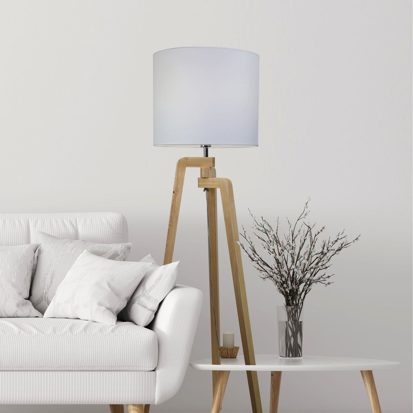 Lund Timber Floor Lamp W/ White Cotton Shade