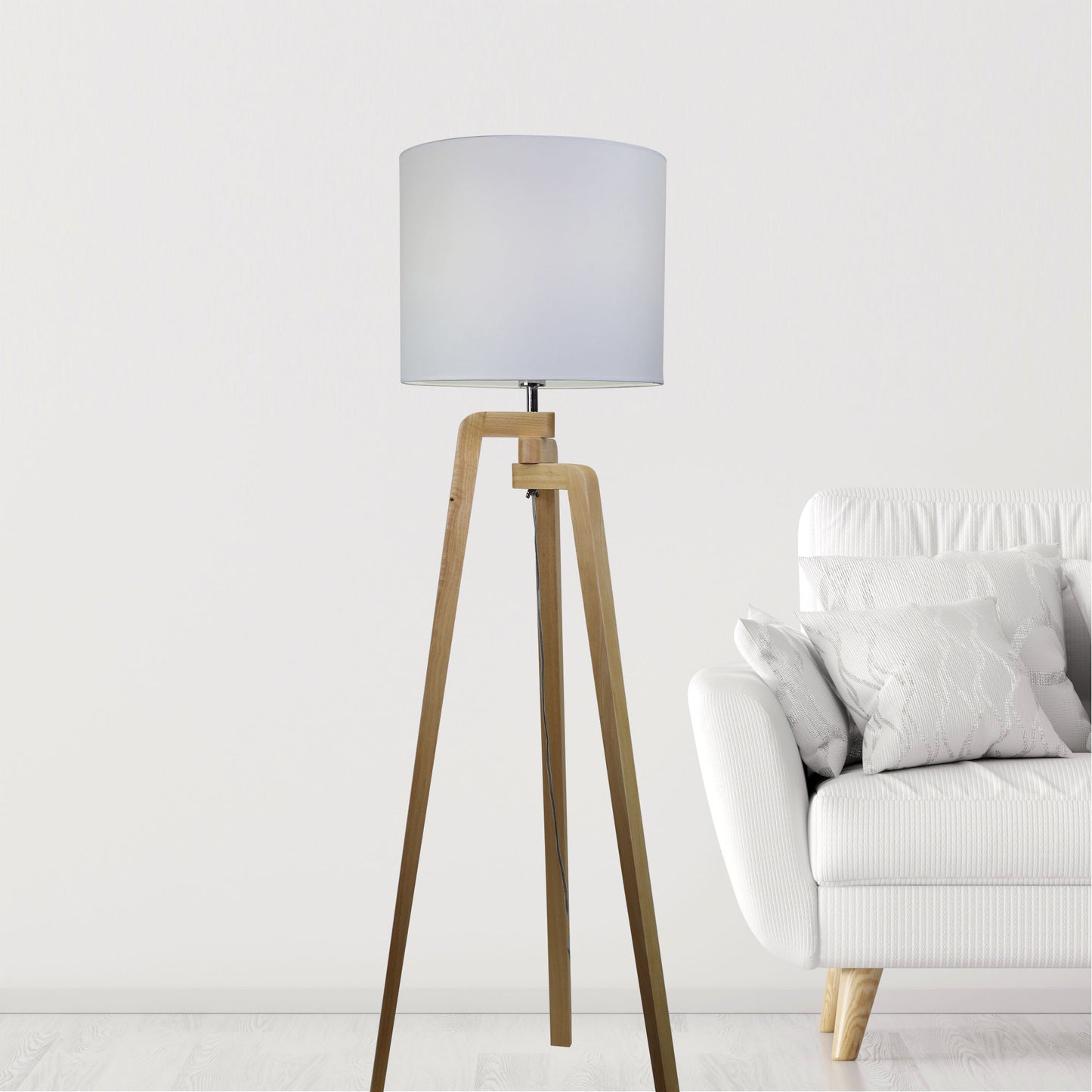 Lund Timber Floor Lamp W/ White Cotton Shade