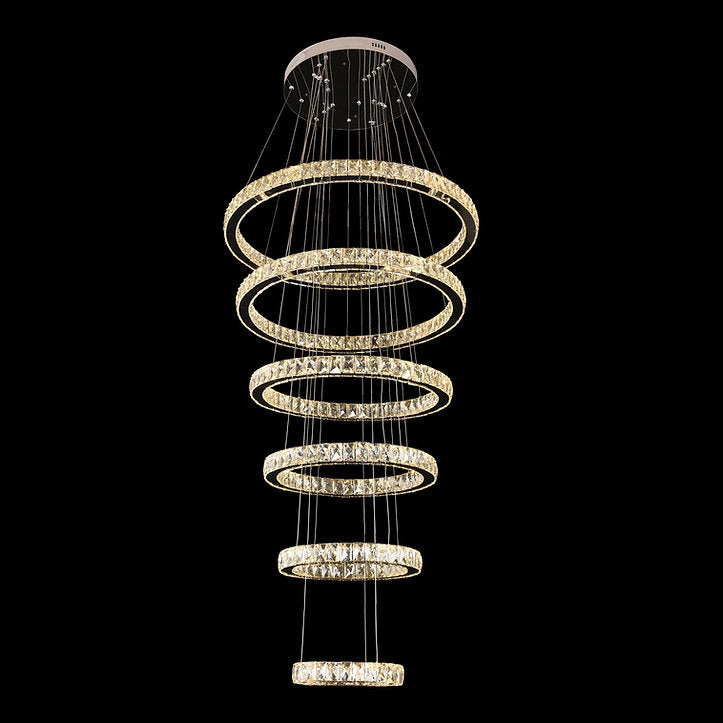 6 Ring Stainless Steel and Crystal Chandelier