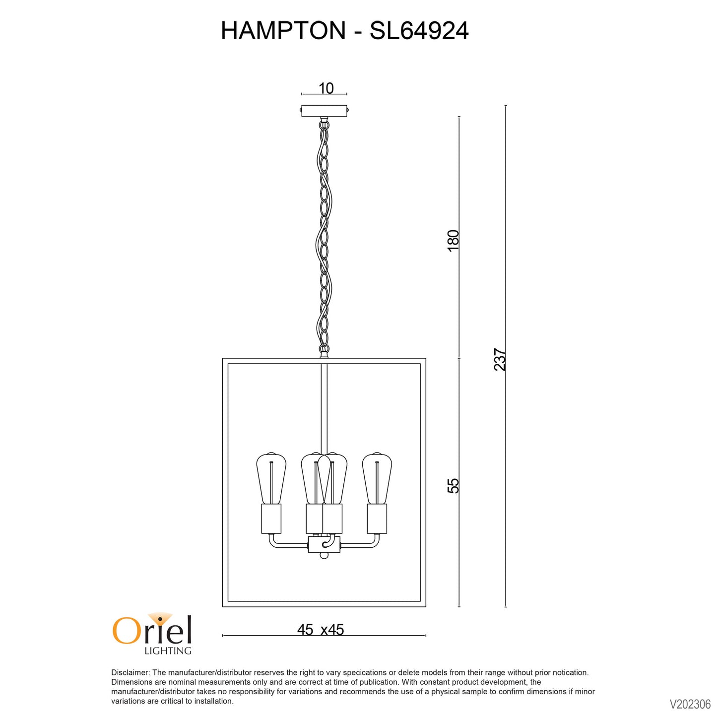 Hampton 4 Light Pendant Black No Glass