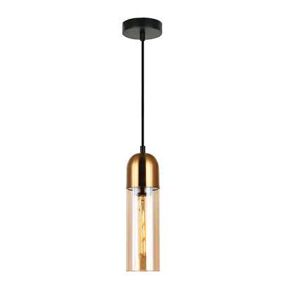 Pendant ES Amber Glass Antique Brass Round Top Cylindar OD80mm