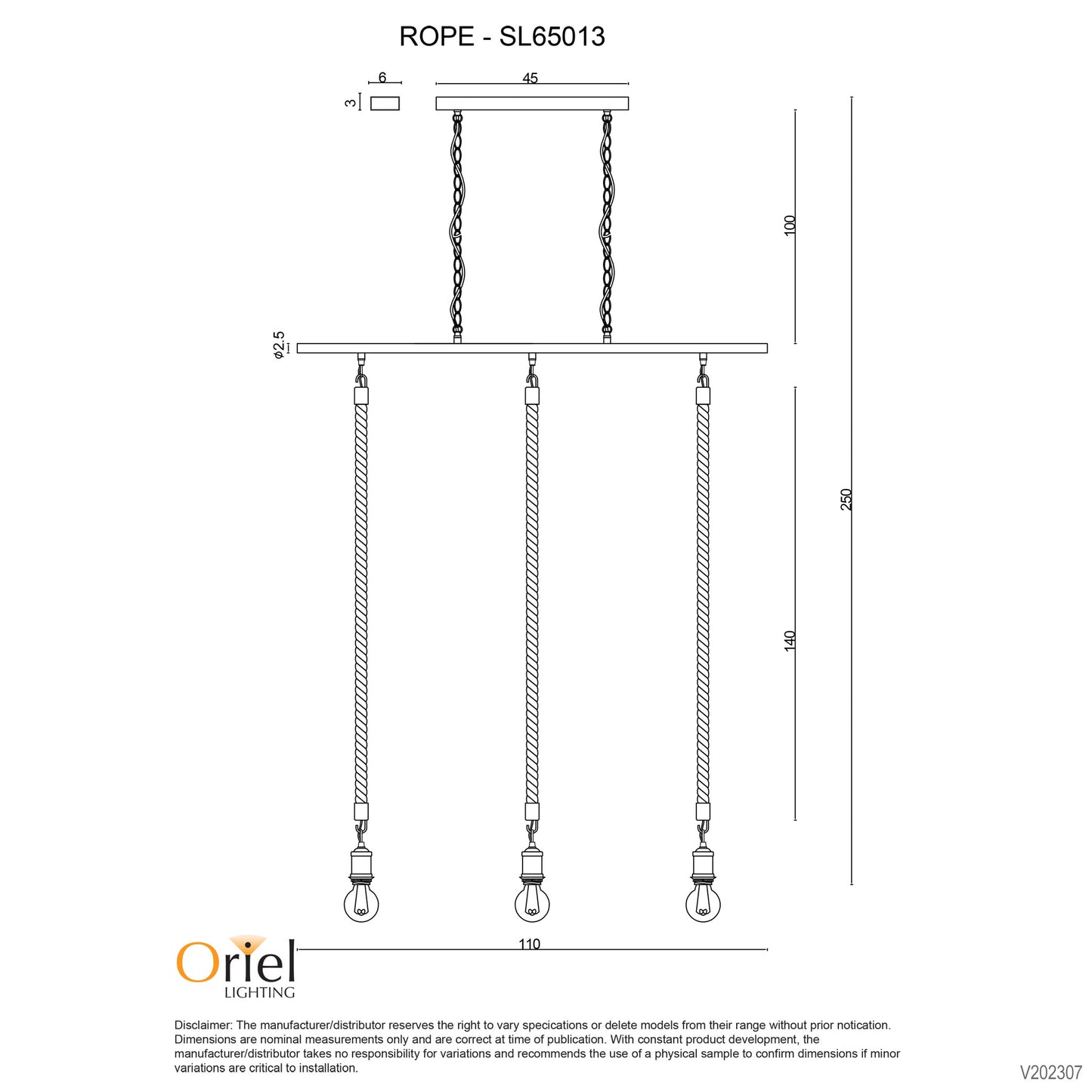 Rope.3 Triple Pendant 1200 Suspension Black